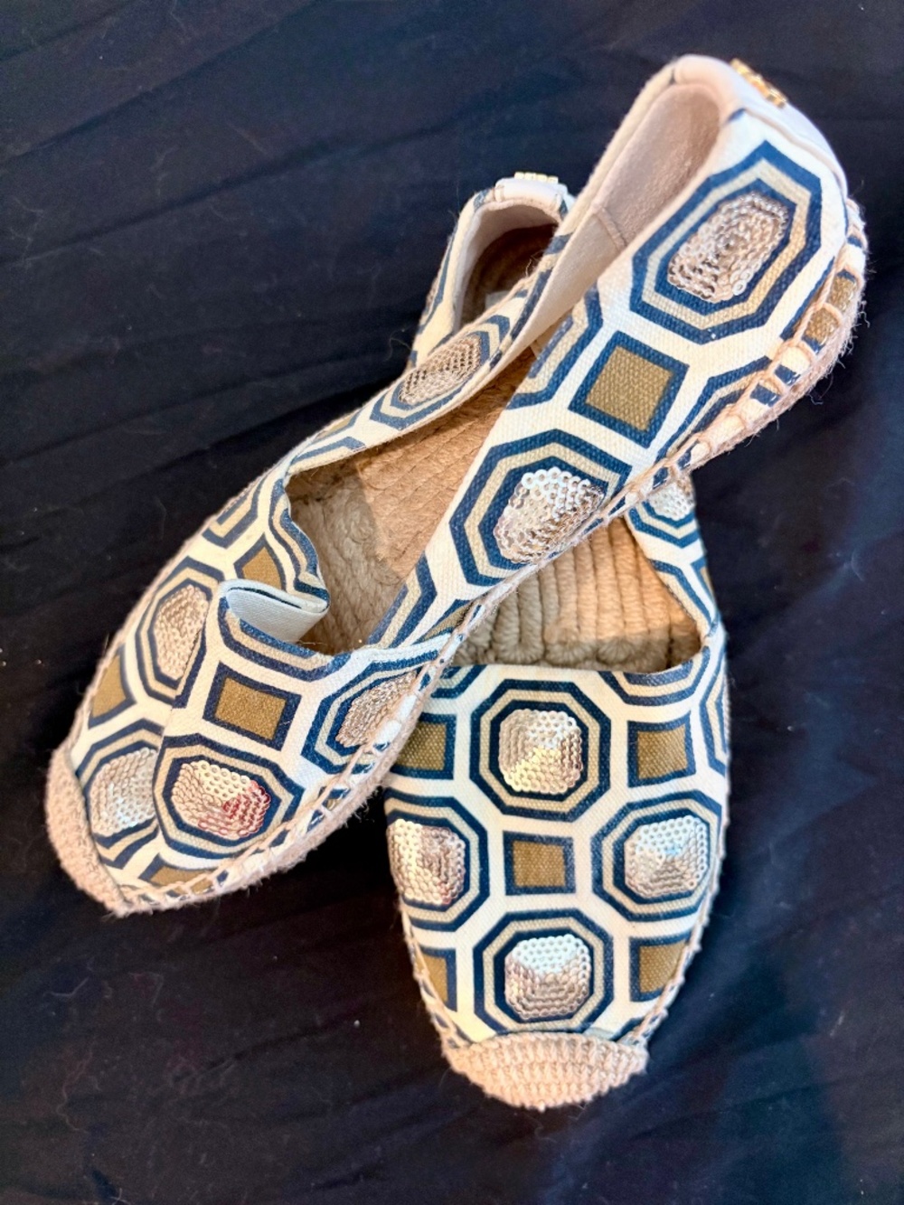 Tory Burch.  Cecily Ivory and Sequin Embellished Espadrille Slip-On Flats, Sz 5
